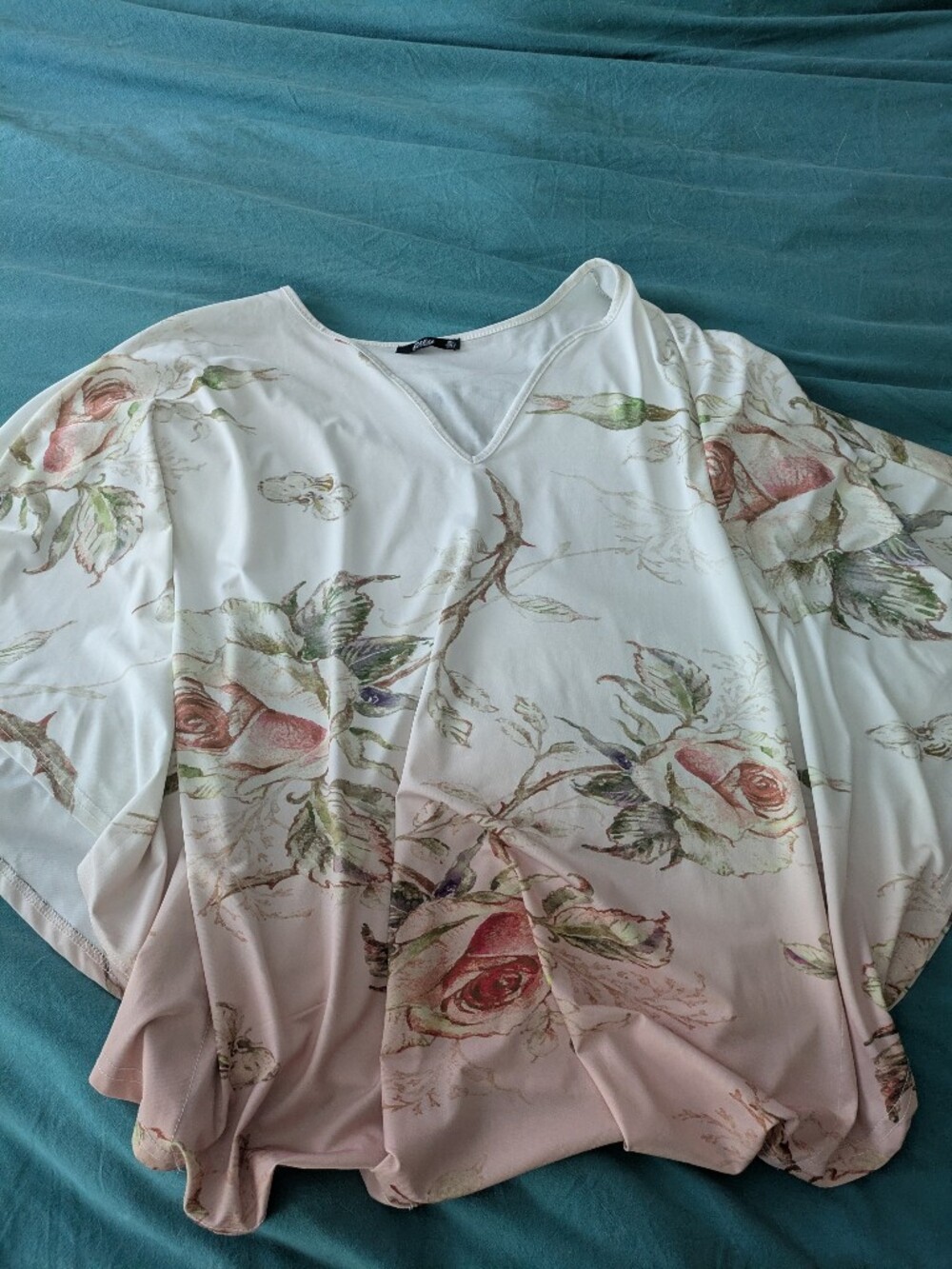 Floral V-Neck Tunic Top with Pink Roses Size XL Poncho Batwing Cottagecore